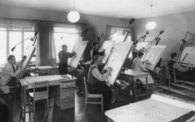 Drawing office of the tyre department at the Nokia factory in the 1950s.
