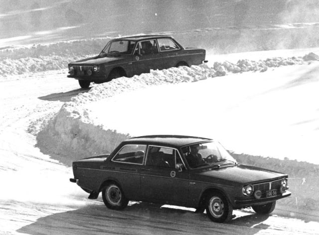 New company Volvos at speed on the Nokia test track in the beginning of the 1970s.